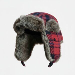 Warm Hat Ear Flaps Unisex Trapper Style One Size Red & Black Plaid Faux Fur D&Y